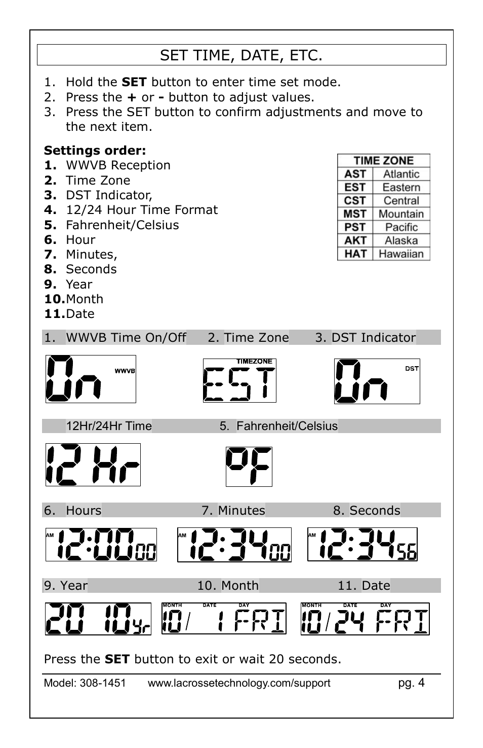 Set time, date, etc | La Crosse Technology 308-1451 User Manual | Page 4 / 15
