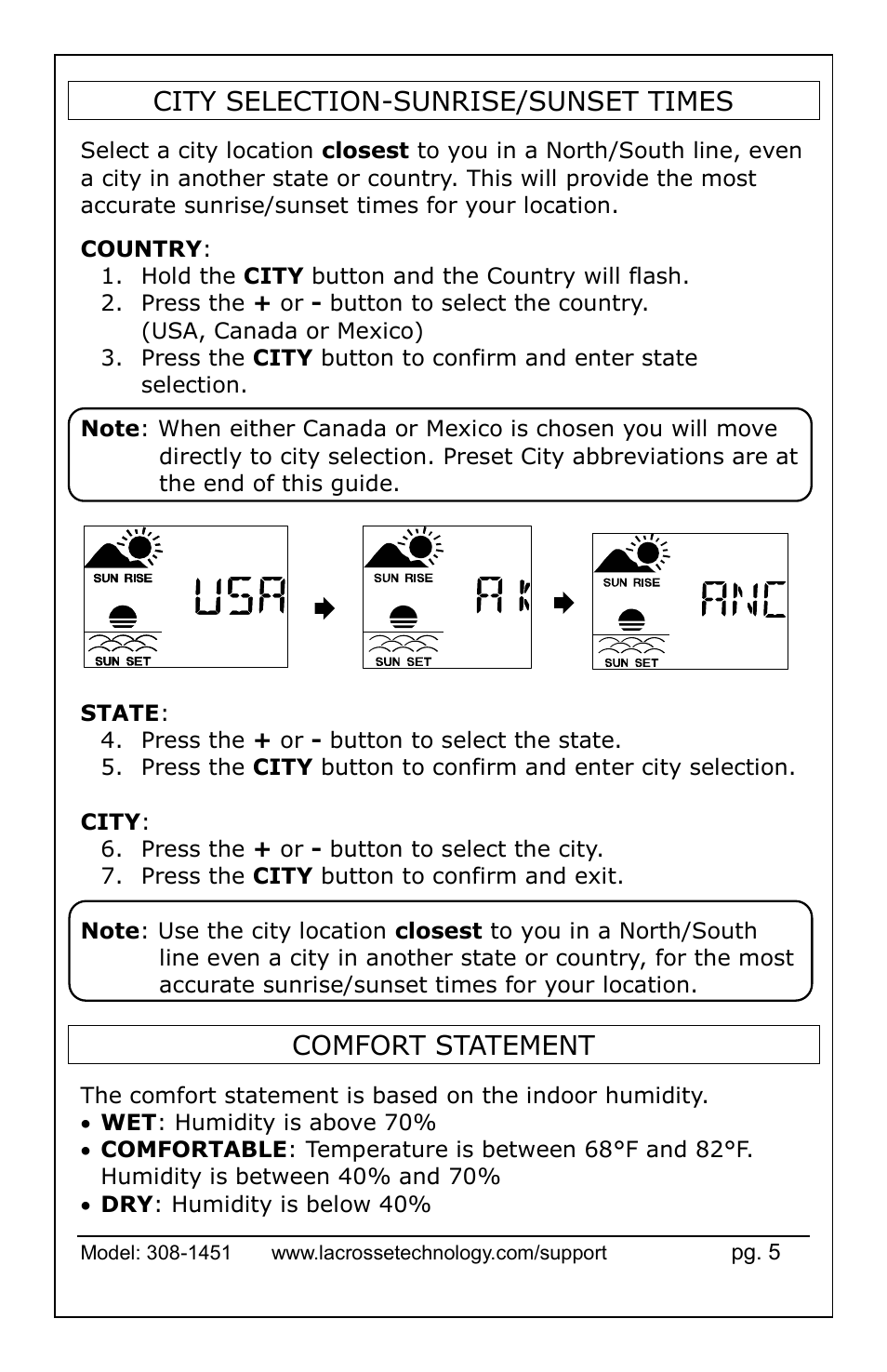 City selection-sunrise/sunset times, Comfort statement | La Crosse Technology 308-1451 User Manual | Page 5 / 15