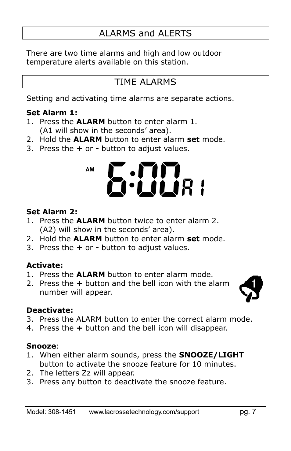 Alarms and alerts time alarms, Alarms and alerts, Time alarms | La Crosse Technology 308-1451 User Manual | Page 7 / 15