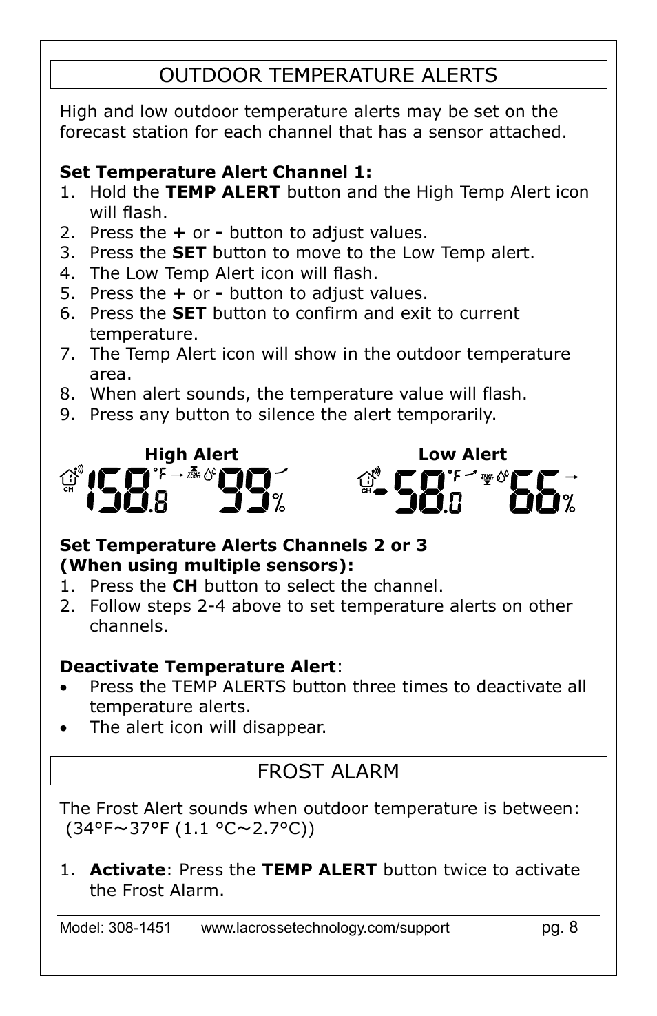 Outdoor temperature alerts frost alarm, Outdoor temperature alerts, Frost alarm | La Crosse Technology 308-1451 User Manual | Page 8 / 15