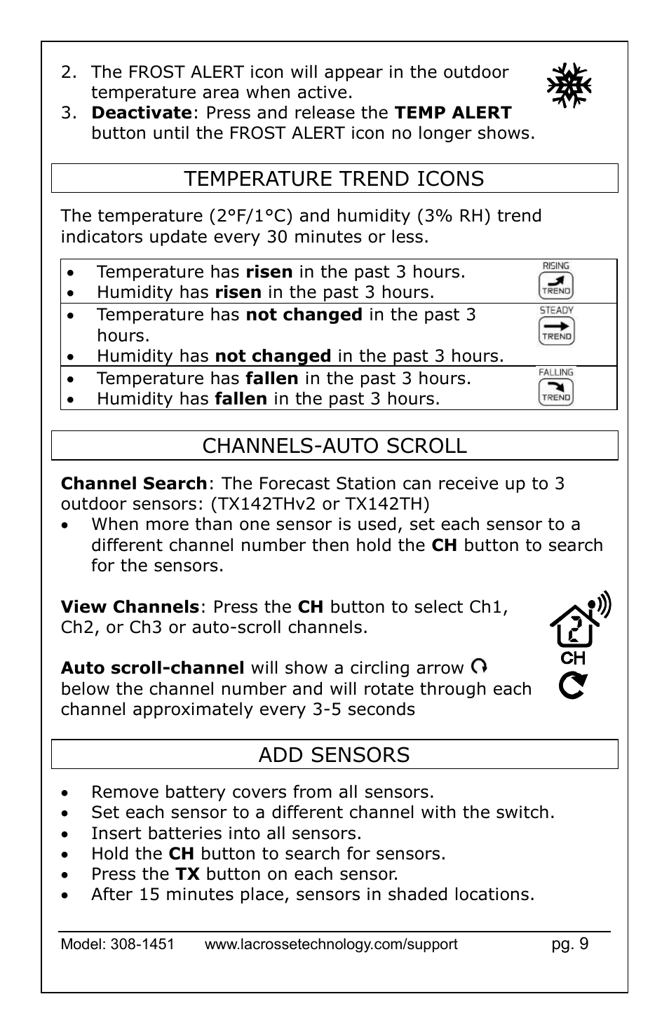 Temperature trend icons, Channels-auto scroll add sensors, Channels-auto scroll | Add sensors | La Crosse Technology 308-1451 User Manual | Page 9 / 15