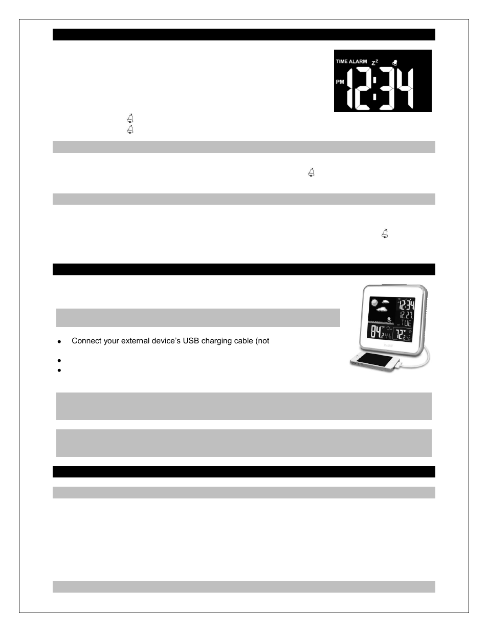 Alarm set, Deactivate alarm, Snooze alarm | Usb charge port, Backlight, A/c power adapter | La Crosse Technology 308-146 User Manual | Page 7 / 13