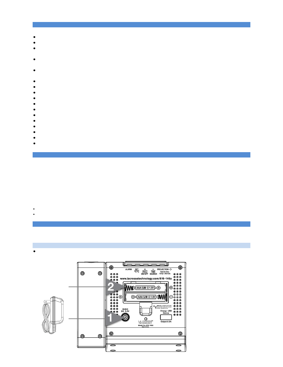 Features, Initial setup, Power the atomic projection alarm | A/c power adapter | La Crosse Technology 616-146a User Manual | Page 3 / 11