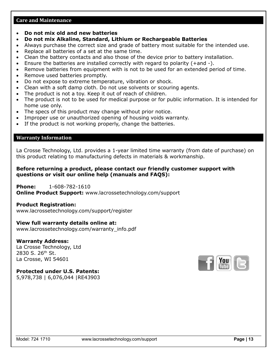 Care and maintenance warranty information | La Crosse Technology 724-1710 User Manual | Page 13 / 14