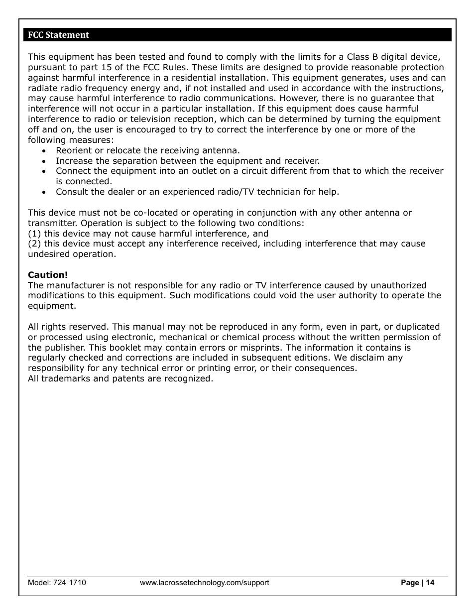 Fcc statement | La Crosse Technology 724-1710 User Manual | Page 14 / 14