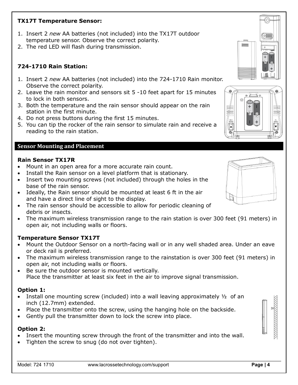 Sensor mounting and placement | La Crosse Technology 724-1710 User Manual | Page 4 / 14