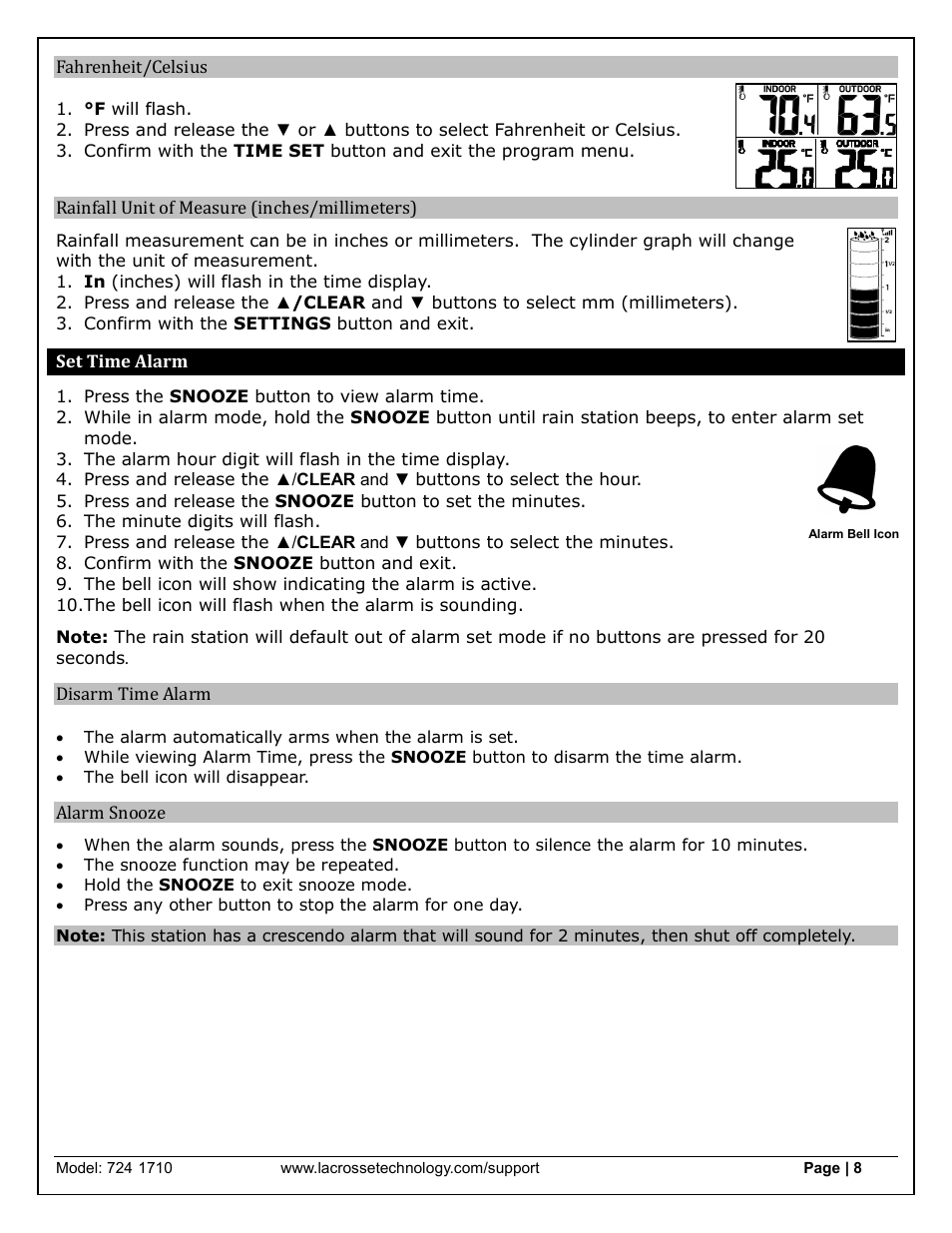 Fahrenheit/celsius, Rainfall unit of measure (inches/millimeters), Set time alarm | Disarm time alarm, Alarm snooze | La Crosse Technology 724-1710 User Manual | Page 8 / 14