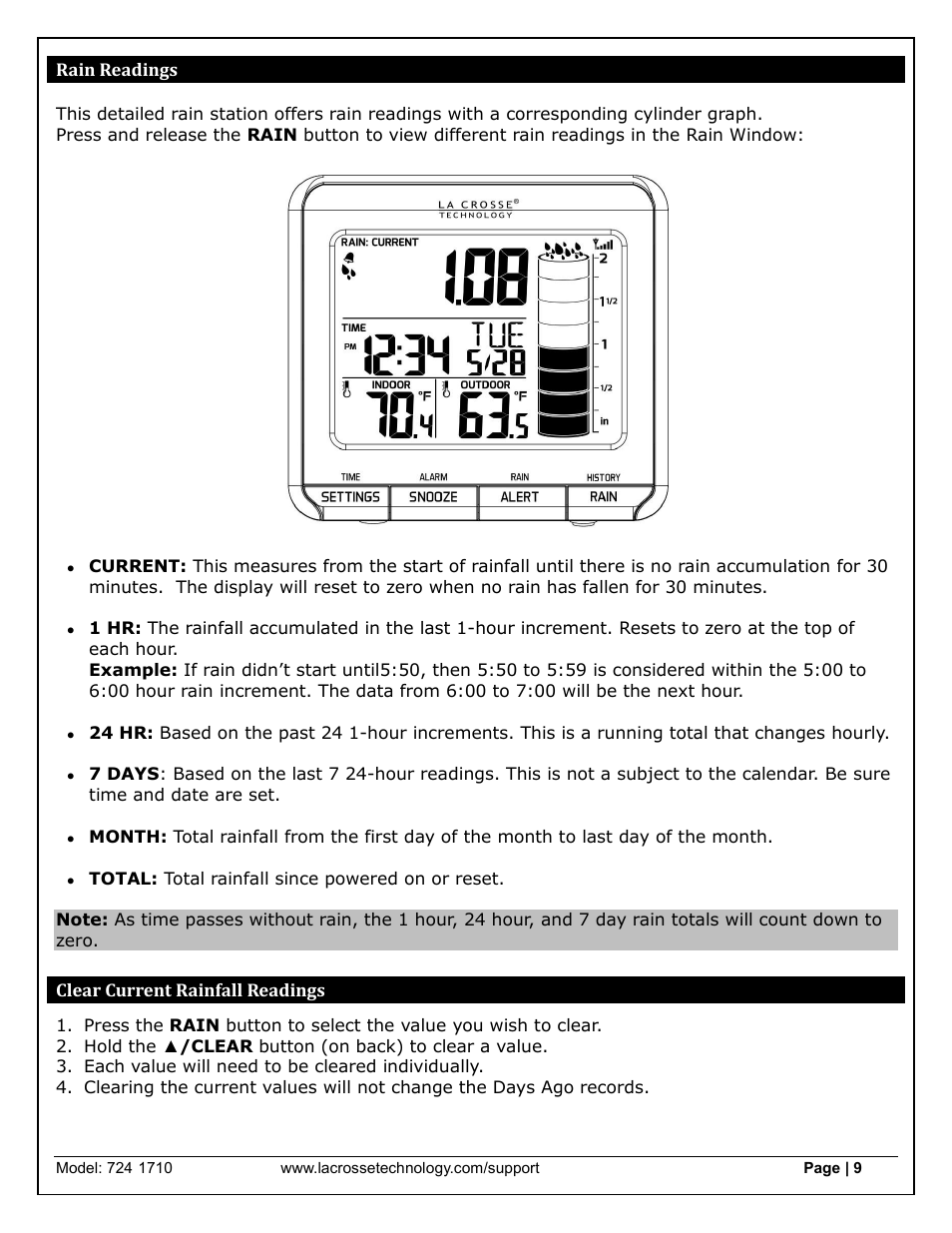 Rain readings clear current rainfall readings | La Crosse Technology 724-1710 User Manual | Page 9 / 14