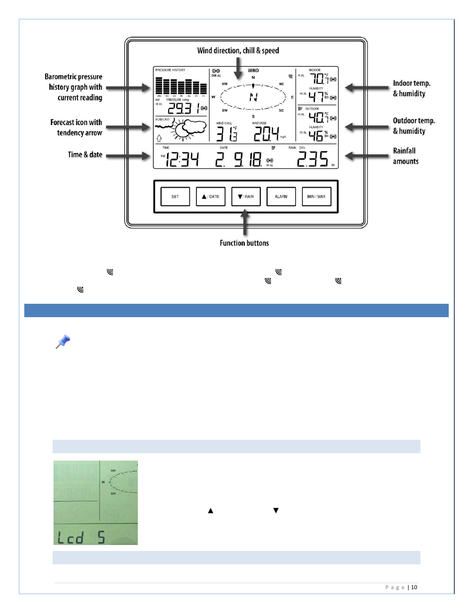 Program menu, Lcd contrast set, Manual time set | La Crosse Technology C84612 User Manual | Page 10 / 30