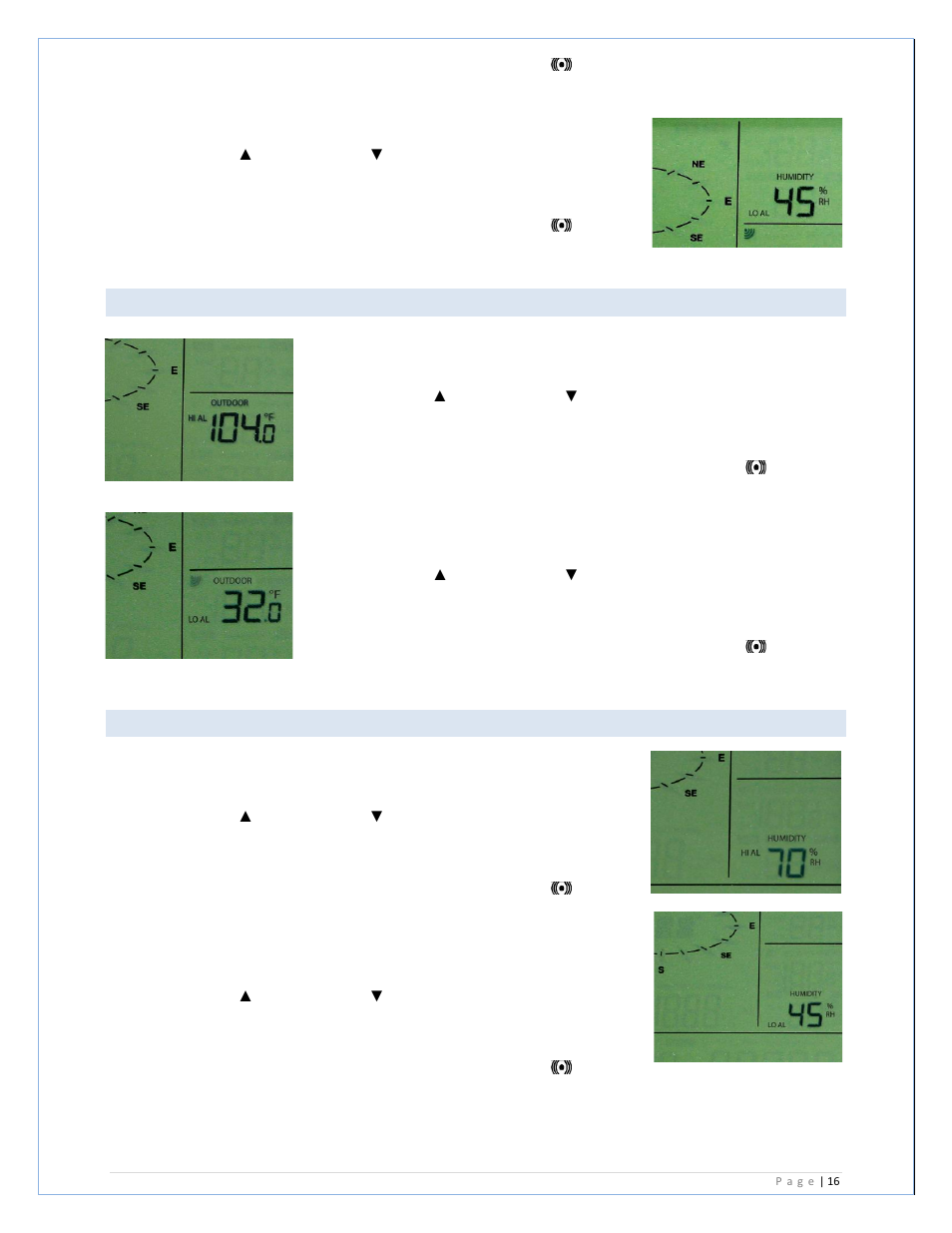 Outdoor temperature alarms, Outdoor humidity alarms | La Crosse Technology C84612 User Manual | Page 16 / 30