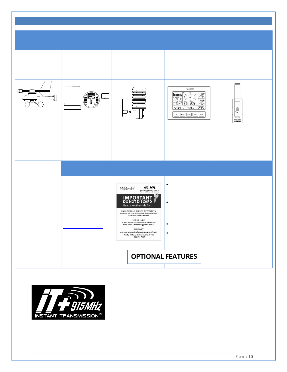 Inventory of contents, Optional features, Important!! do not discard card | La Crosse Technology C84612 User Manual | Page 5 / 30