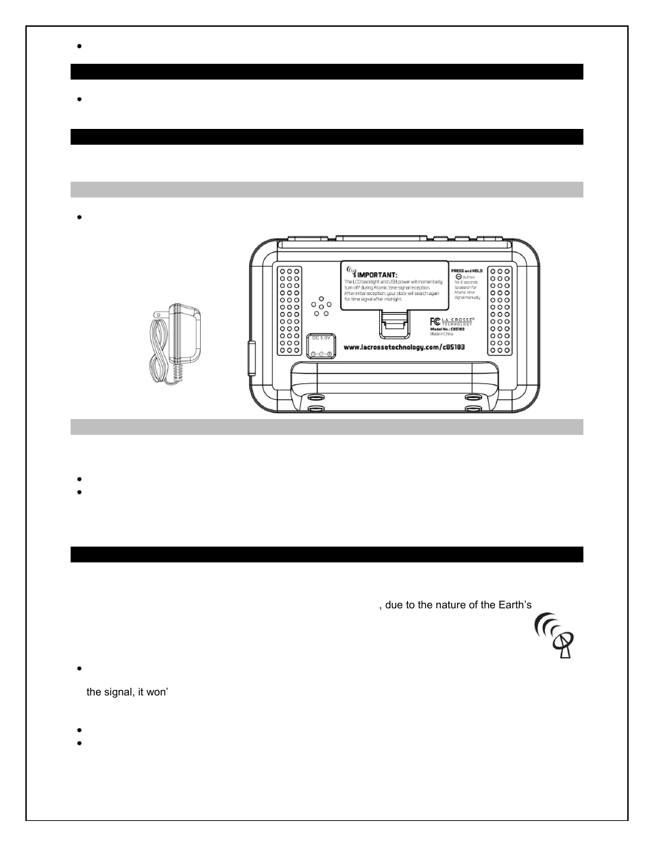 Troubleshooting, Power the atomic alarm clock, A/c power adapter | Batteries, Wwvb radio-controlled time reception | La Crosse Technology C85183 User Manual | Page 3 / 10