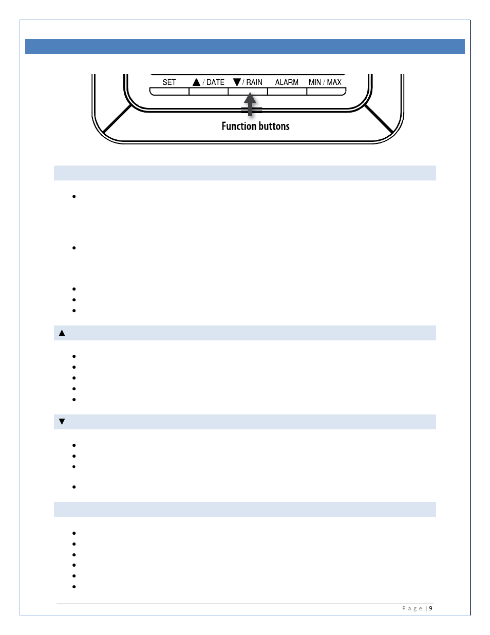 Function buttons, Date, Rain | Alarm | La Crosse Technology C86234 User Manual | Page 9 / 32