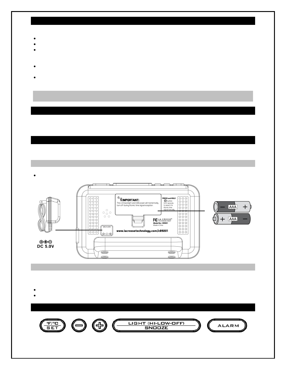 Setup instructions step-by-step, Restart, Power the atomic alarm clock | A/c power adapter, Batteries, Function buttons | La Crosse Technology C89201 User Manual | Page 3 / 9