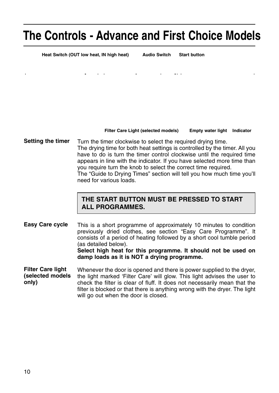 The controls - advance and first choice models | Creda Tumble Dryer User Manual | Page 10 / 24
