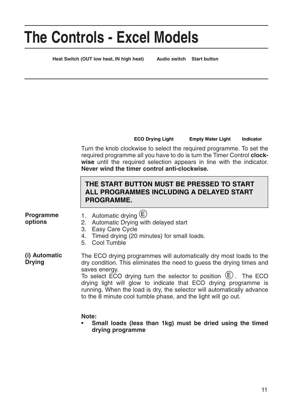 The controls - excel models | Creda Tumble Dryer User Manual | Page 11 / 24