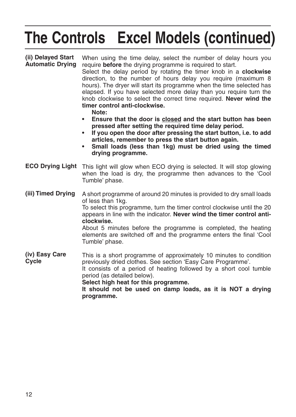 The controls excel models (continued) | Creda Tumble Dryer User Manual | Page 12 / 24