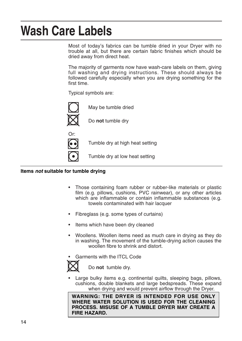 Wash care labels | Creda Tumble Dryer User Manual | Page 14 / 24