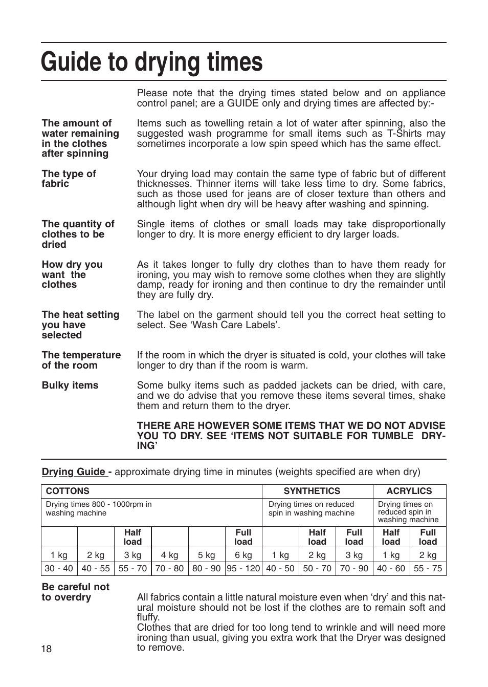 Guide to drying times | Creda Tumble Dryer User Manual | Page 18 / 24