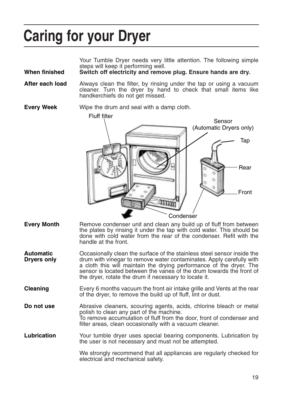 Caring for your dryer | Creda Tumble Dryer User Manual | Page 19 / 24