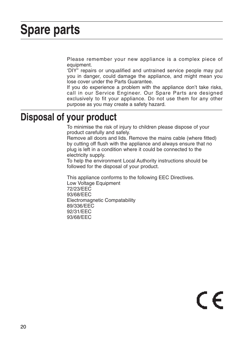 Spare parts, Disposal of your product | Creda Tumble Dryer User Manual | Page 20 / 24