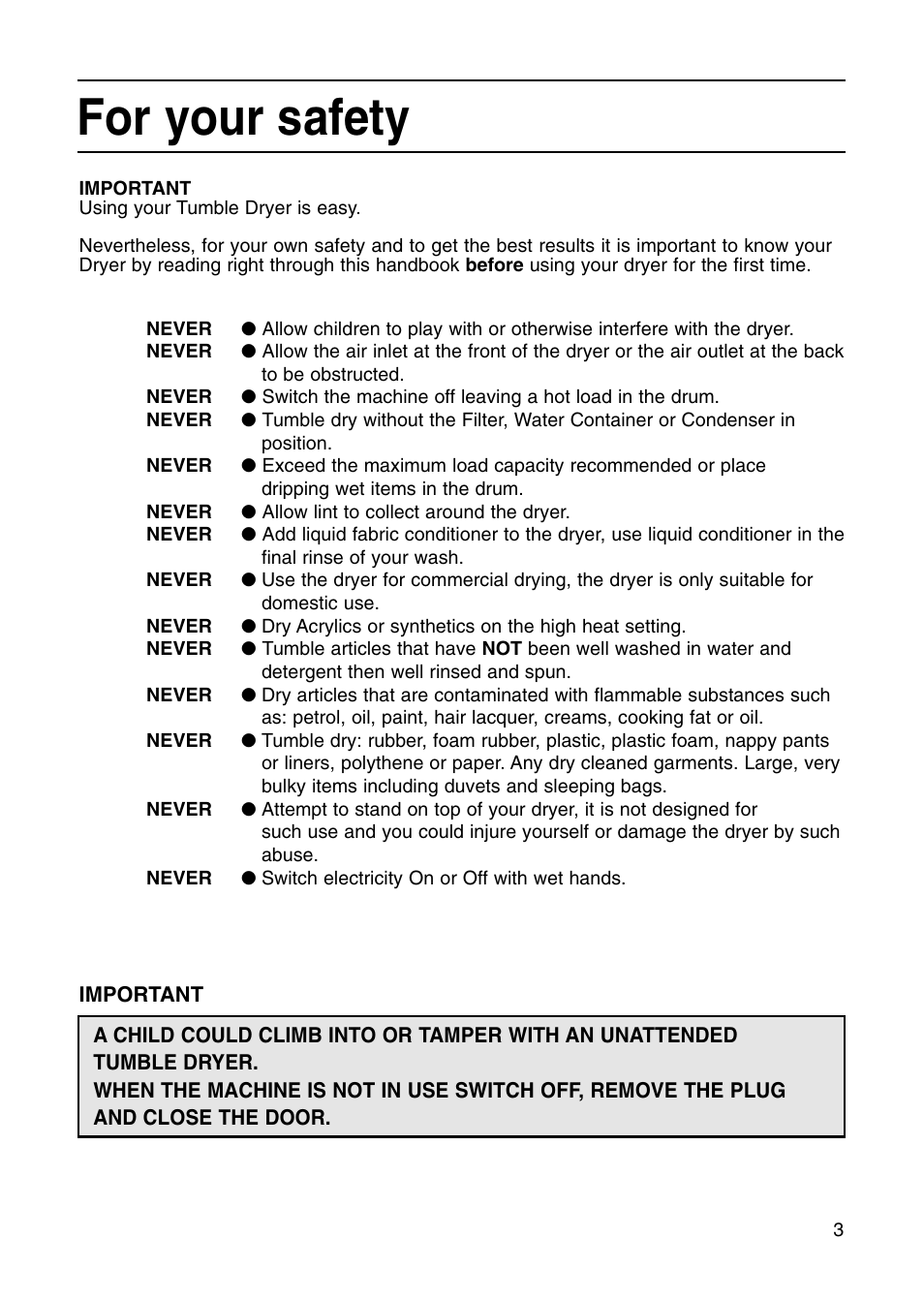 For your safety | Creda Tumble Dryer User Manual | Page 3 / 24