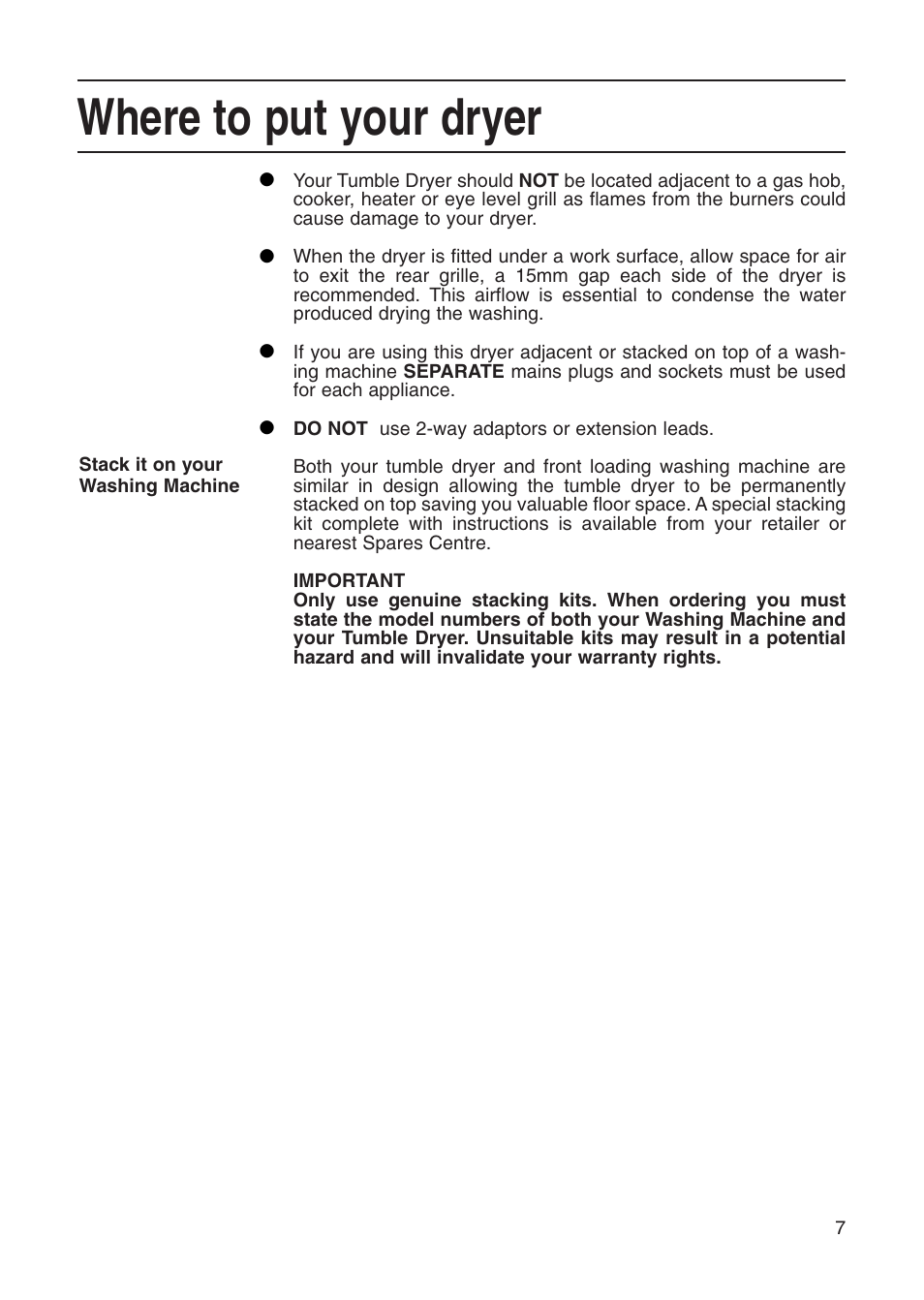 Where to put your dryer | Creda Tumble Dryer User Manual | Page 7 / 24