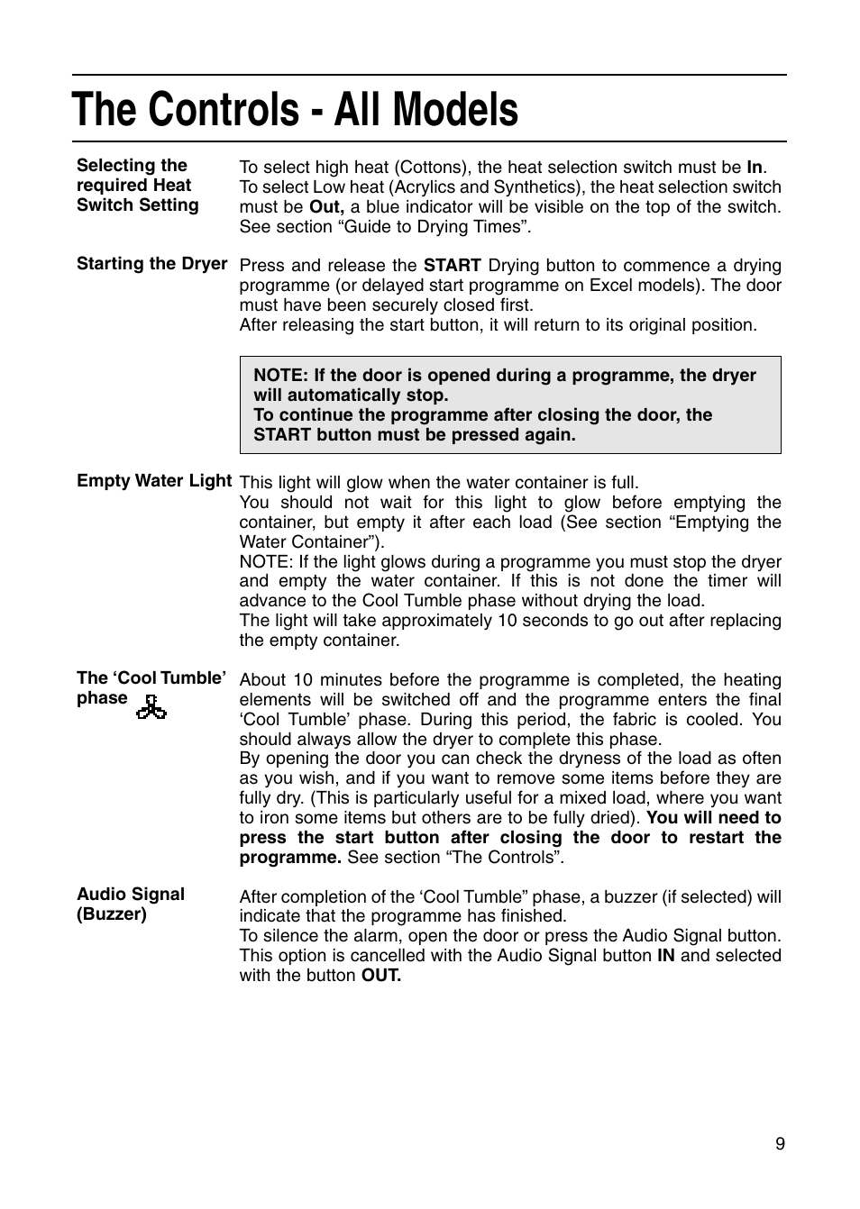The controls - all models | Creda Tumble Dryer User Manual | Page 9 / 24