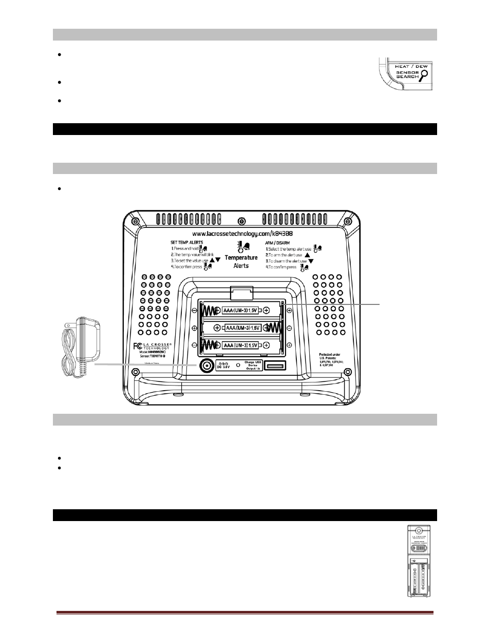 Power the color forecast station, A/c power adapter, Batteries | Install batteries in the outdoor transmitter | La Crosse Technology K84308 User Manual | Page 4 / 13