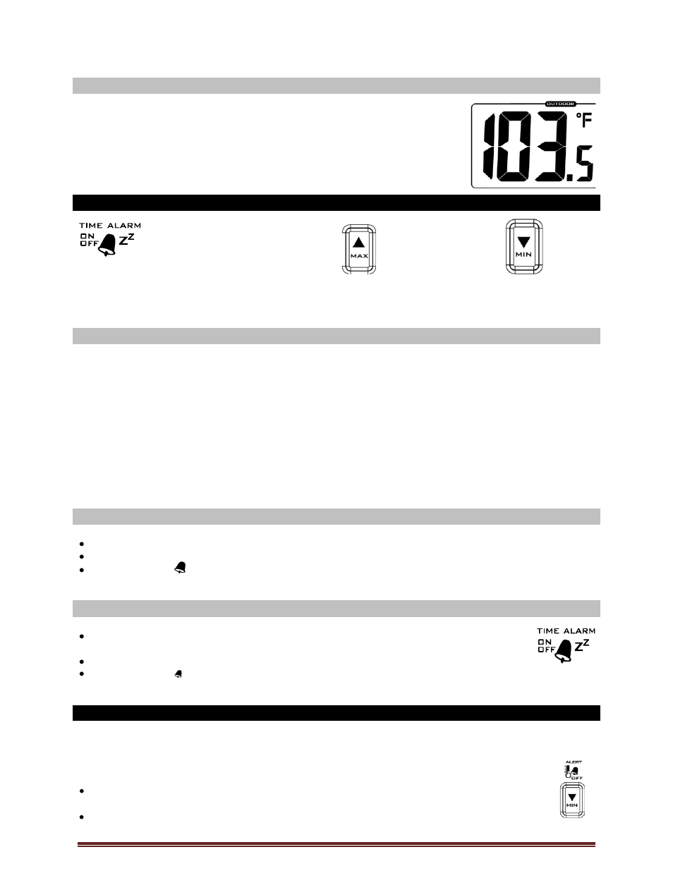 Fahrenheit/celsius, Alarm time, Set alarm | Activate/deactivate alarm, Snooze, Min/max readings | La Crosse Technology K84322 User Manual | Page 5 / 10