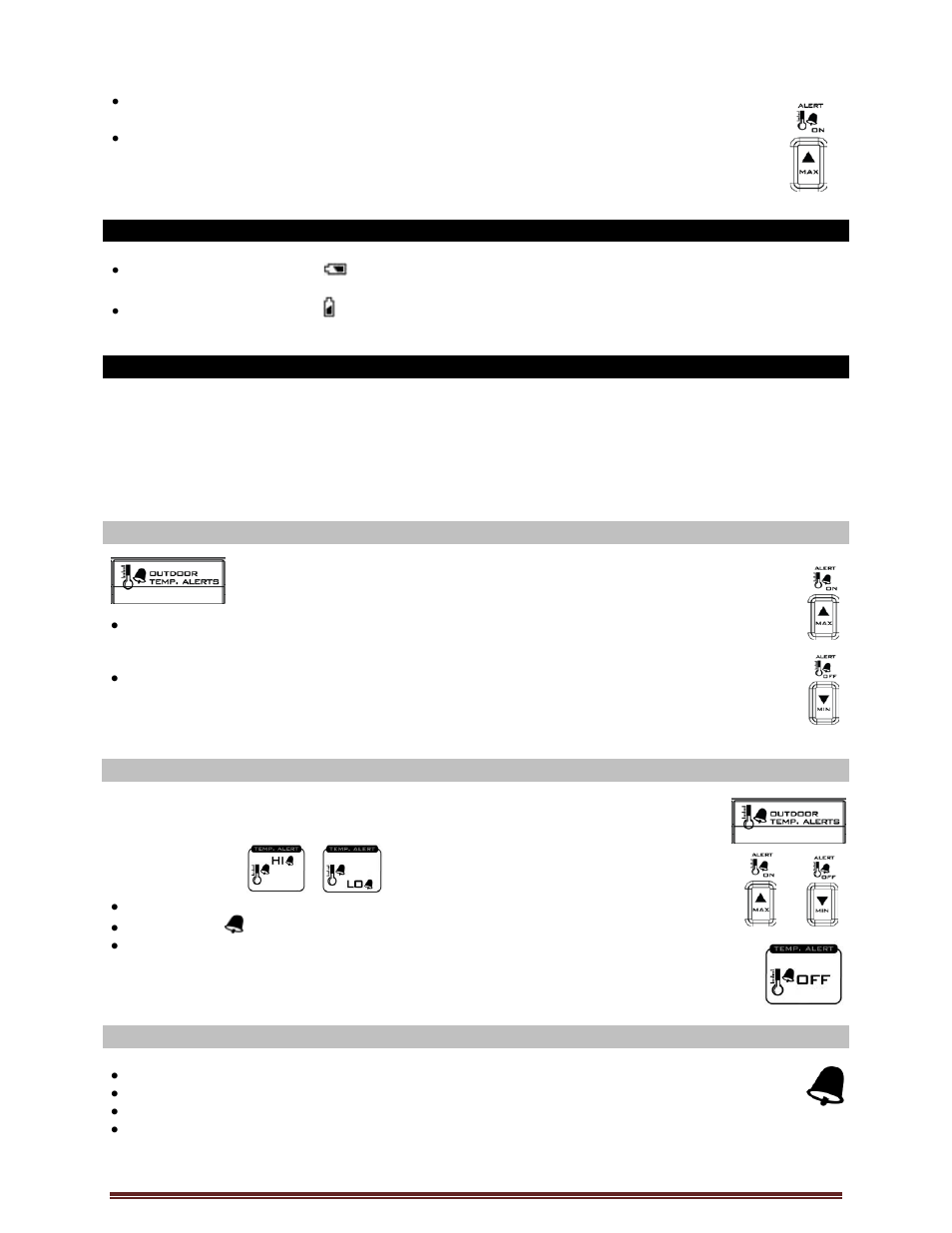 Low battery icon, Temperature alerts, Select alert value | Temperature alerts on/off, Temperature alert sounds | La Crosse Technology K84322 User Manual | Page 6 / 10