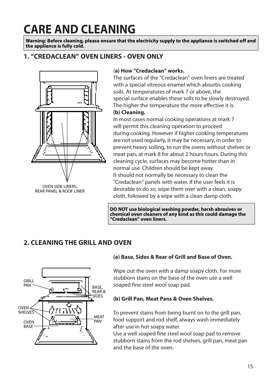 Care and cleaning, Cleaning the grill and oven, “credaclean” oven liners - oven only | Creda Cordialle S120G User Manual | Page 15 / 28