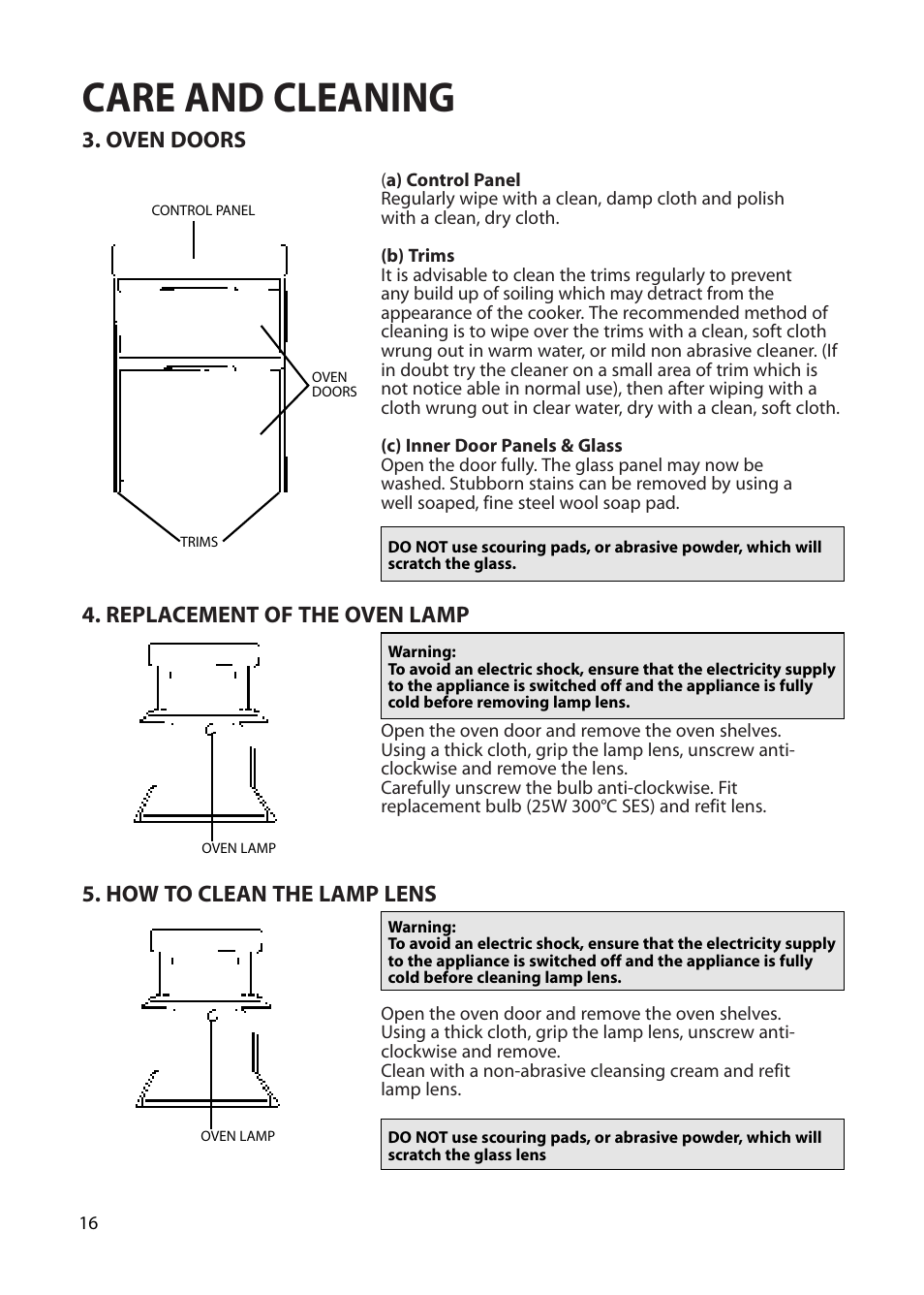 Care and cleaning, Oven doors, Replacement of the oven lamp | How to clean the lamp lens | Creda Cordialle S120G User Manual | Page 16 / 28