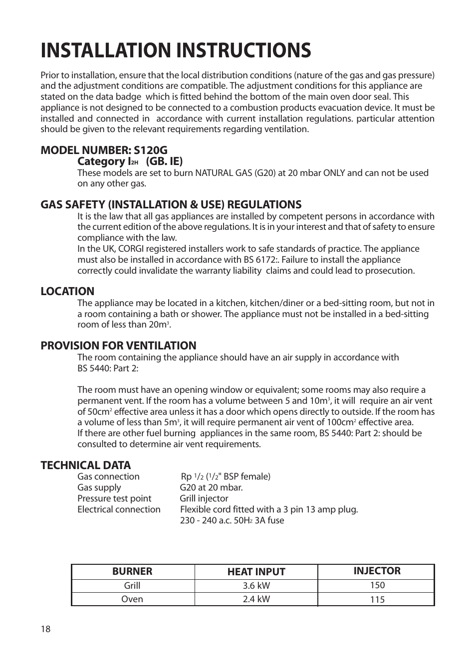 Installation instructions, Model number: s120g category i, Gb. ie) | Gas safety (installation & use) regulations, Location, Provision for ventilation, Technical data | Creda Cordialle S120G User Manual | Page 18 / 28