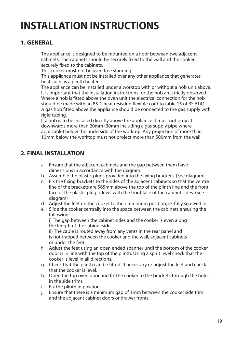 Installation instructions | Creda Cordialle S120G User Manual | Page 19 / 28