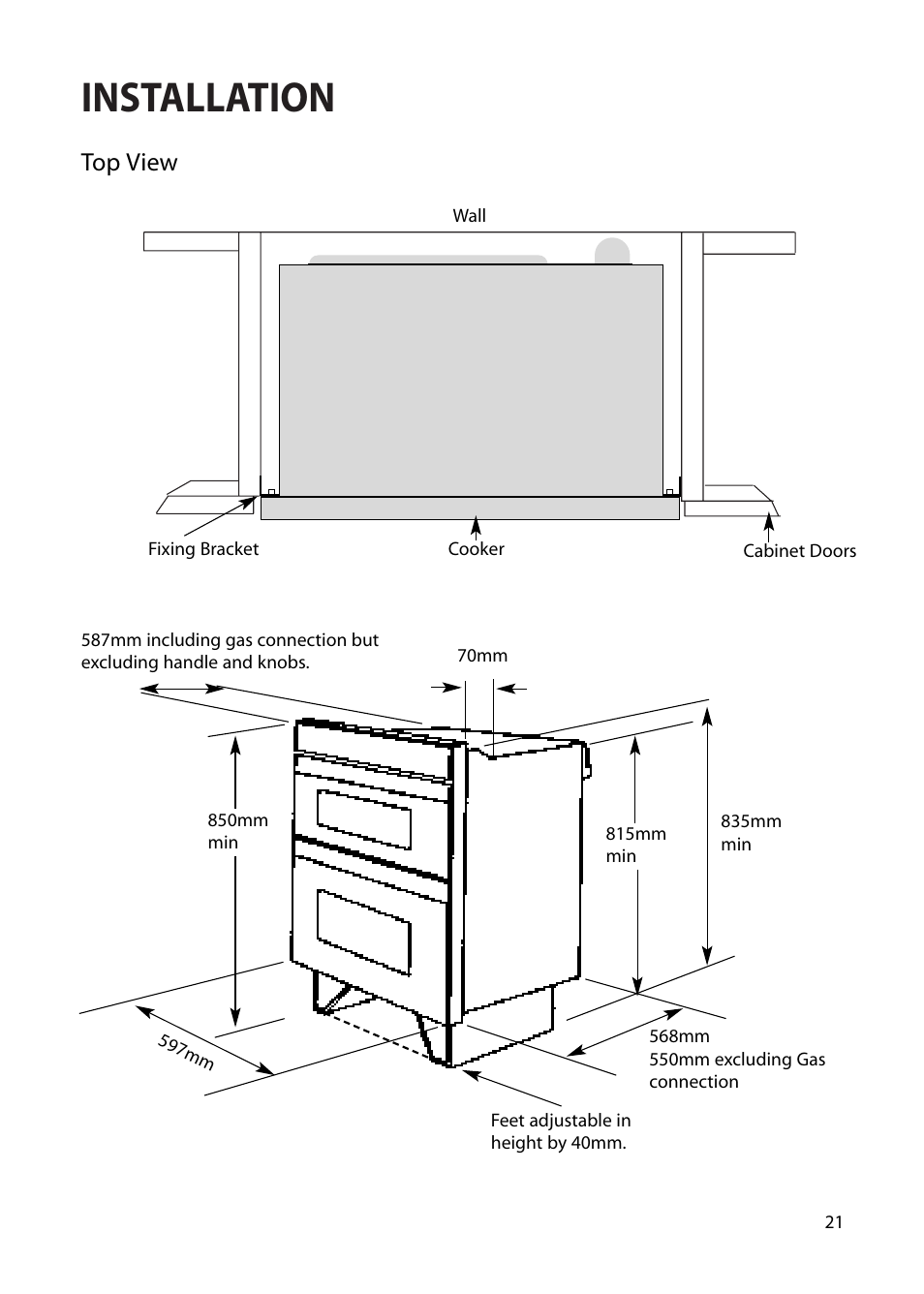 Installation, Top view | Creda Cordialle S120G User Manual | Page 21 / 28