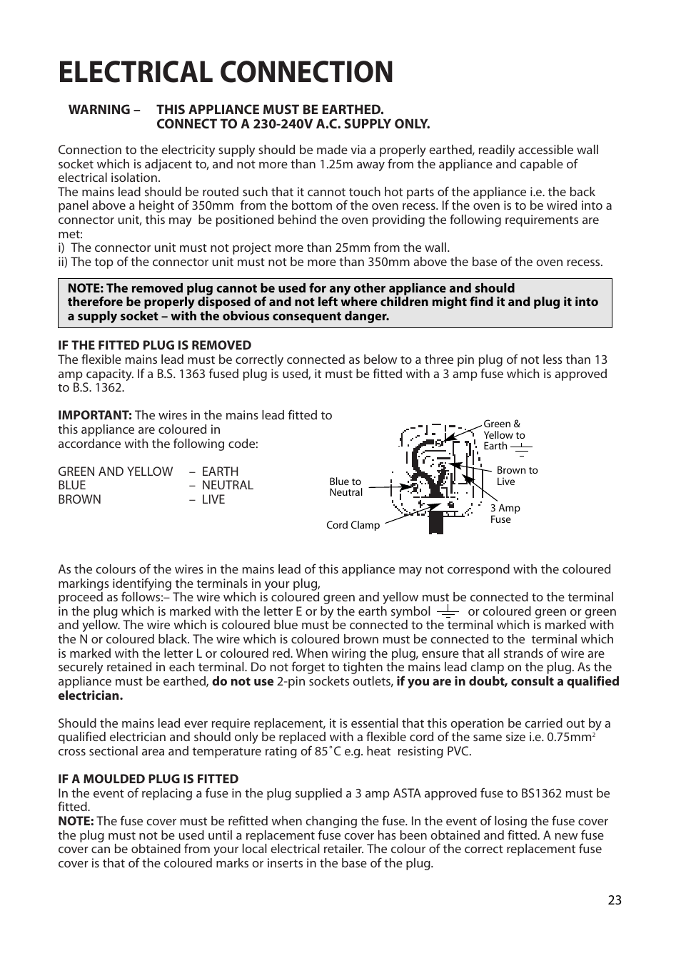 Electrical connection | Creda Cordialle S120G User Manual | Page 23 / 28