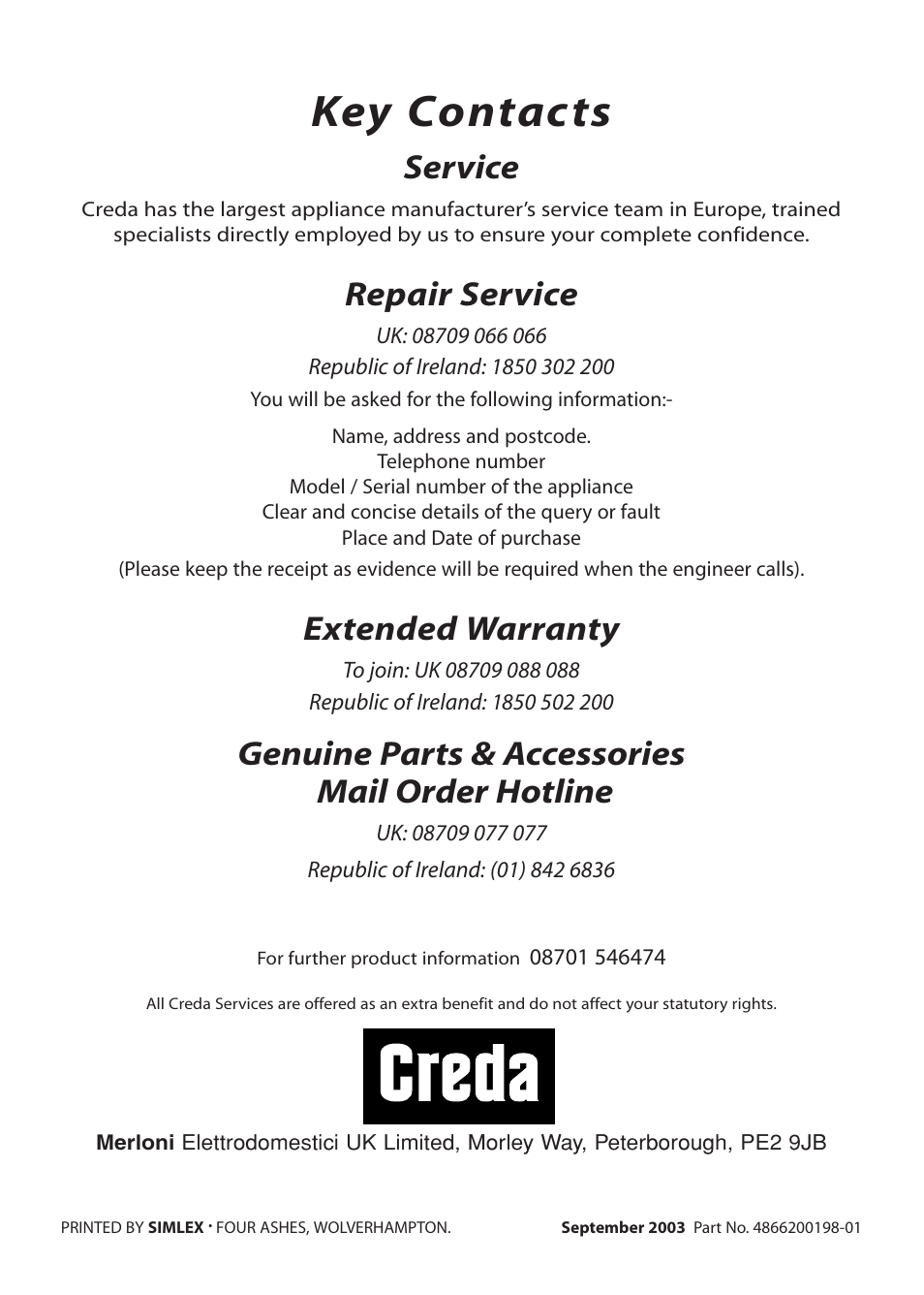 Key contacts, Service, Repair service | Extended warranty, Genuine parts & accessories mail order hotline | Creda Cordialle S120G User Manual | Page 28 / 28