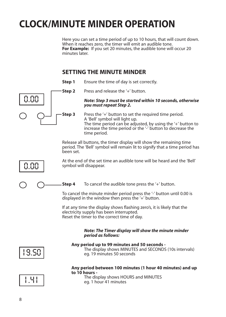Clock/minute minder operation, Setting the minute minder | Creda Cordialle S120G User Manual | Page 8 / 28