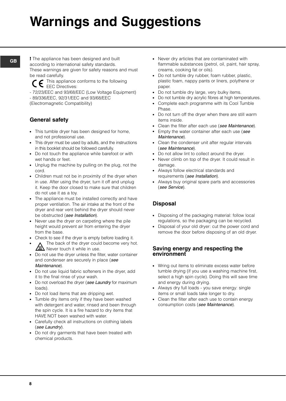 Warnings and suggestions, General safety, Disposal | Saving energy and respecting the environment | Creda TCS3 User Manual | Page 10 / 16