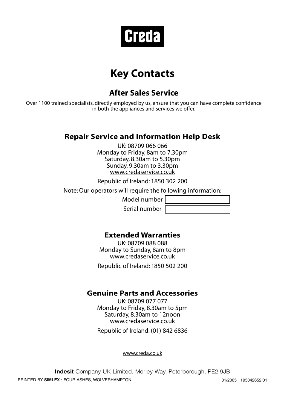 Key contacts, After sales service | Creda TCS3 User Manual | Page 16 / 16