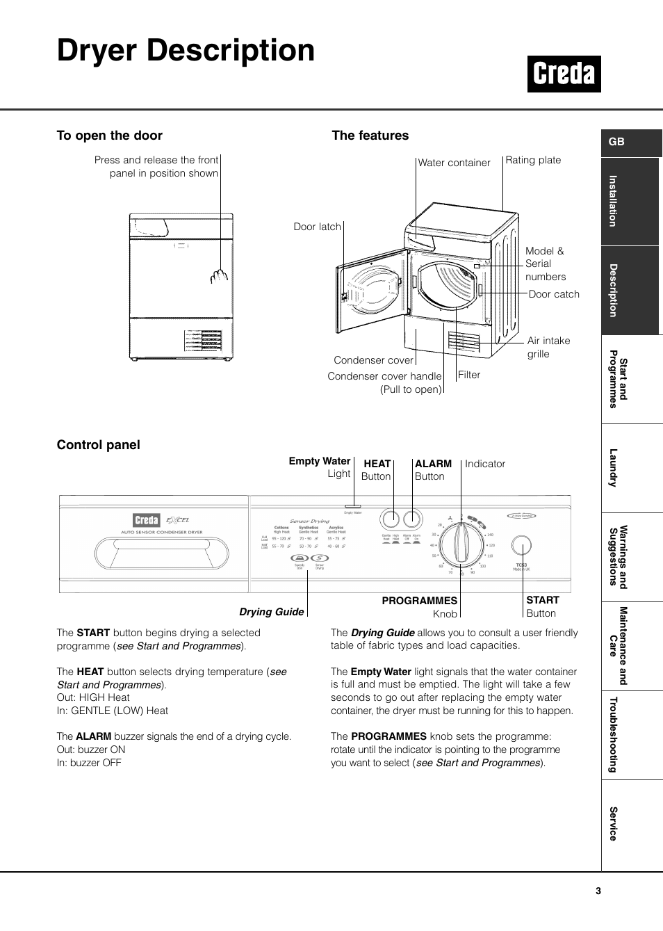 Dryer description, Control panel | Creda TCS3 User Manual | Page 5 / 16