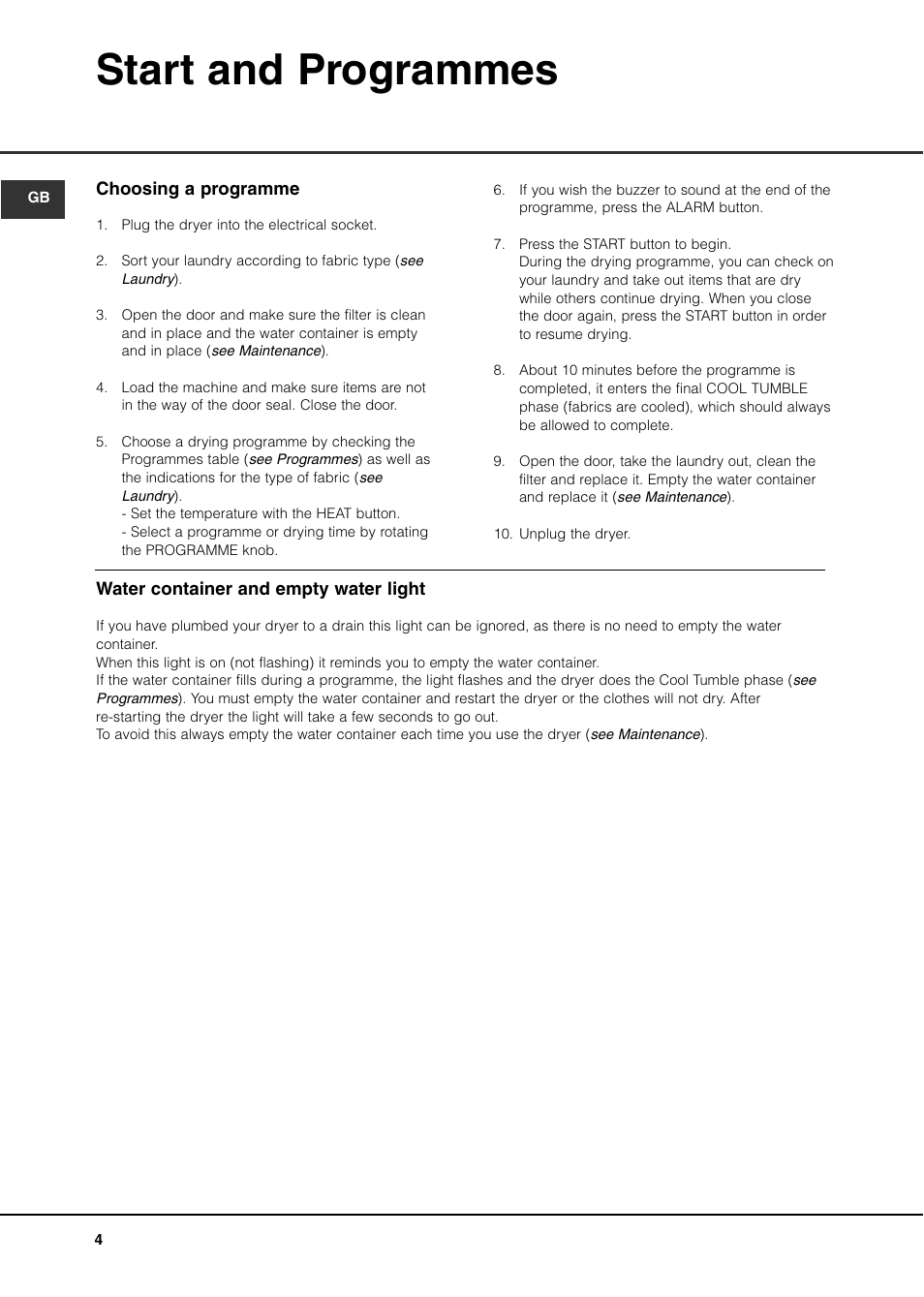 Start and programmes | Creda TCS3 User Manual | Page 6 / 16
