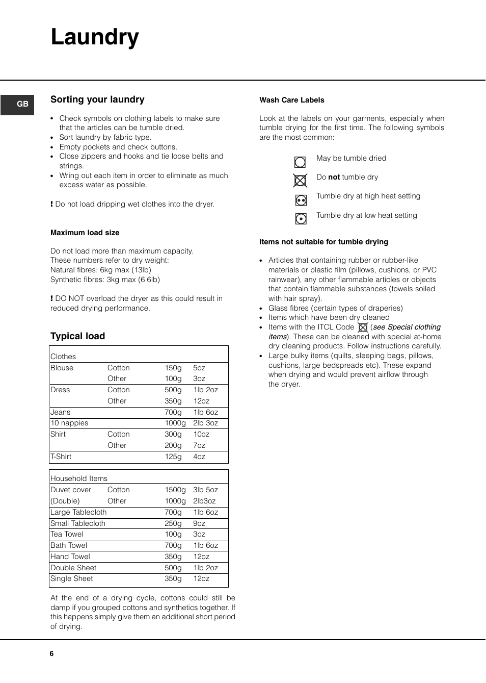 Laundry, Sorting your laundry, Typical load | Creda TCS3 User Manual | Page 8 / 16