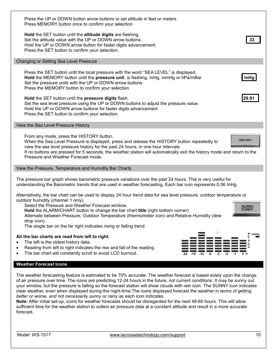 Sea level pressure-change or set, Weather forecast icons | La Crosse Technology WS-1517U User Manual | Page 10 / 21