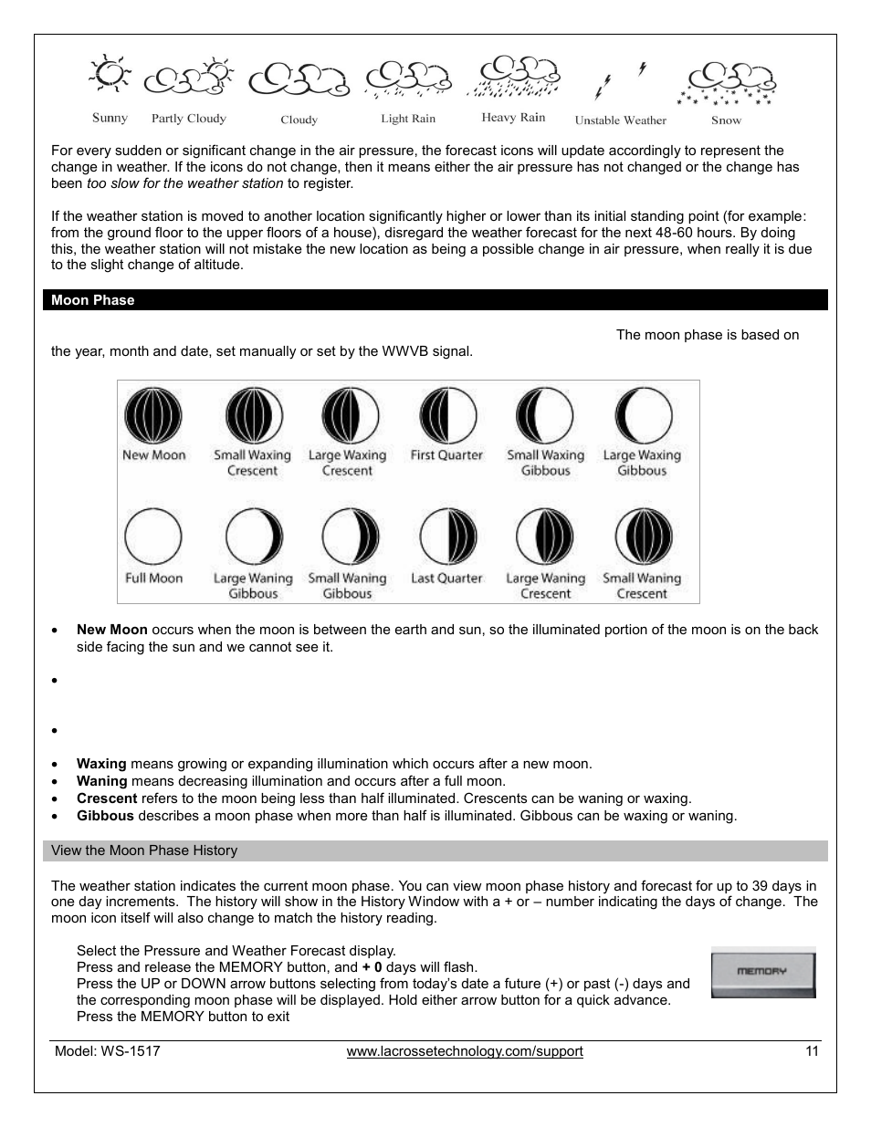 Moon phase, View moon phase history | La Crosse Technology WS-1517U User Manual | Page 11 / 21