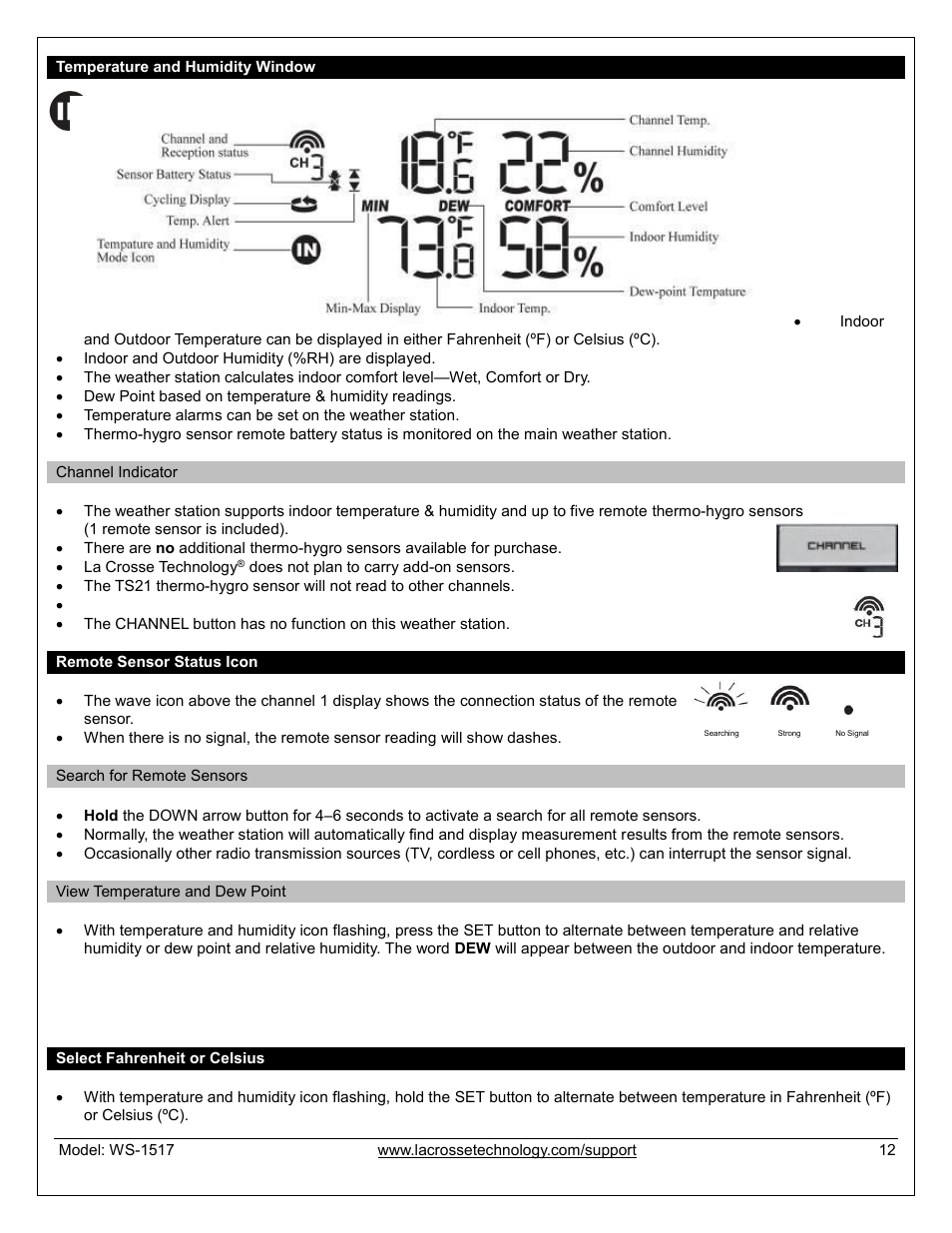 Temperature and humidity window, Channel indicator, Remote sensor status icon | Search for remote sensors, View temperature or dew point, Select fahrenheit or celsius | La Crosse Technology WS-1517U User Manual | Page 12 / 21