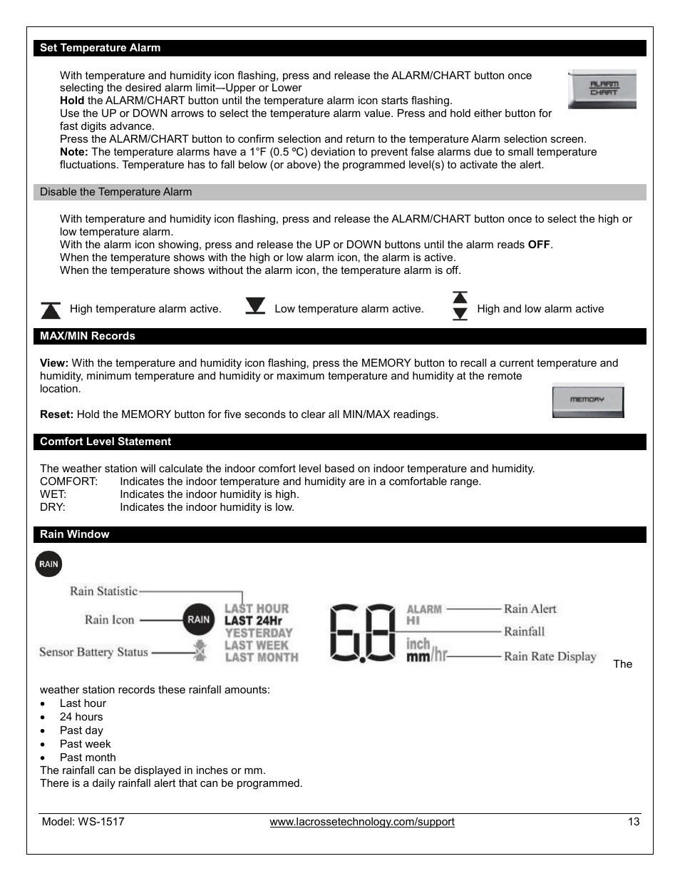 Set temperature alarms, Disable temperature alarms, Max/min records | Comfort level statement, Rain window | La Crosse Technology WS-1517U User Manual | Page 13 / 21