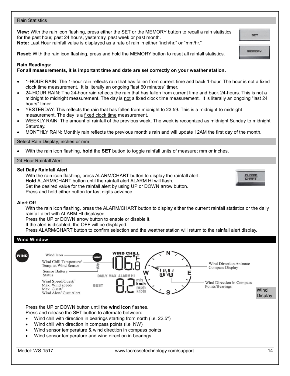 Rain statistics, Select rain display: inches or mm, 24 hour rainfall alert | Wind window, Wind display | La Crosse Technology WS-1517U User Manual | Page 14 / 21