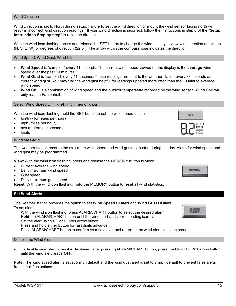 Wind direction, Wind speed, wind gust, wind chill, Wind max/min data | Set wind alerts, Disable wind alerts | La Crosse Technology WS-1517U User Manual | Page 15 / 21